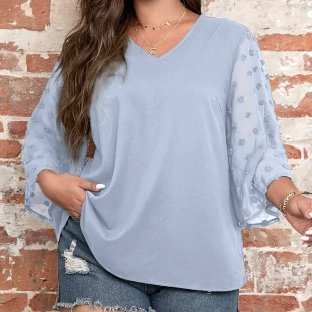 SHEIN Dusty Blue VNeck Blouse with Sheer Polka Dot Sleeves